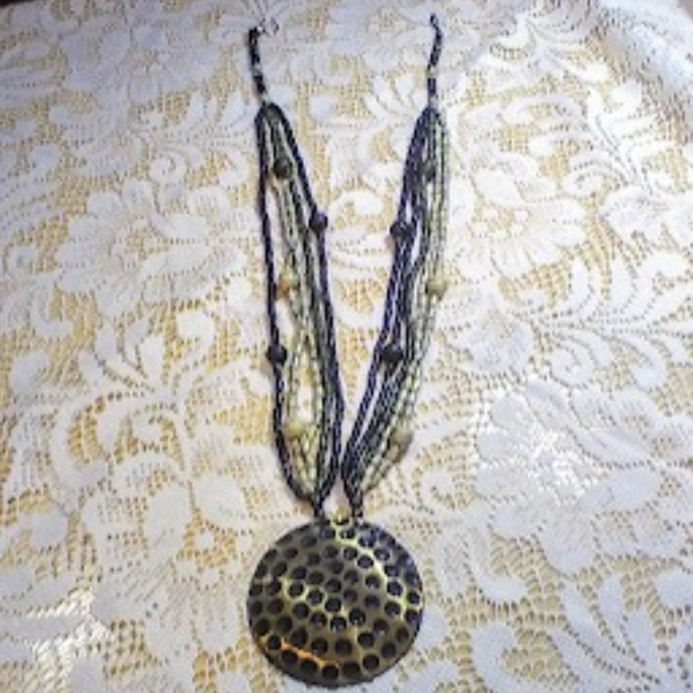 Necklace — Bronze  Pendant with 5 -Strand of Earth Tone Glass Beads